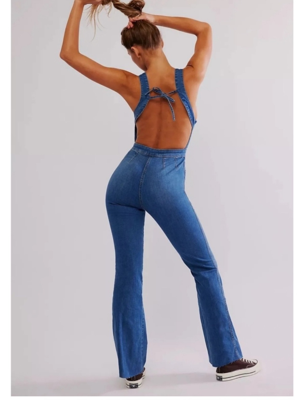 Free People We The Free CRVY Blue Denim backless jumpsuit